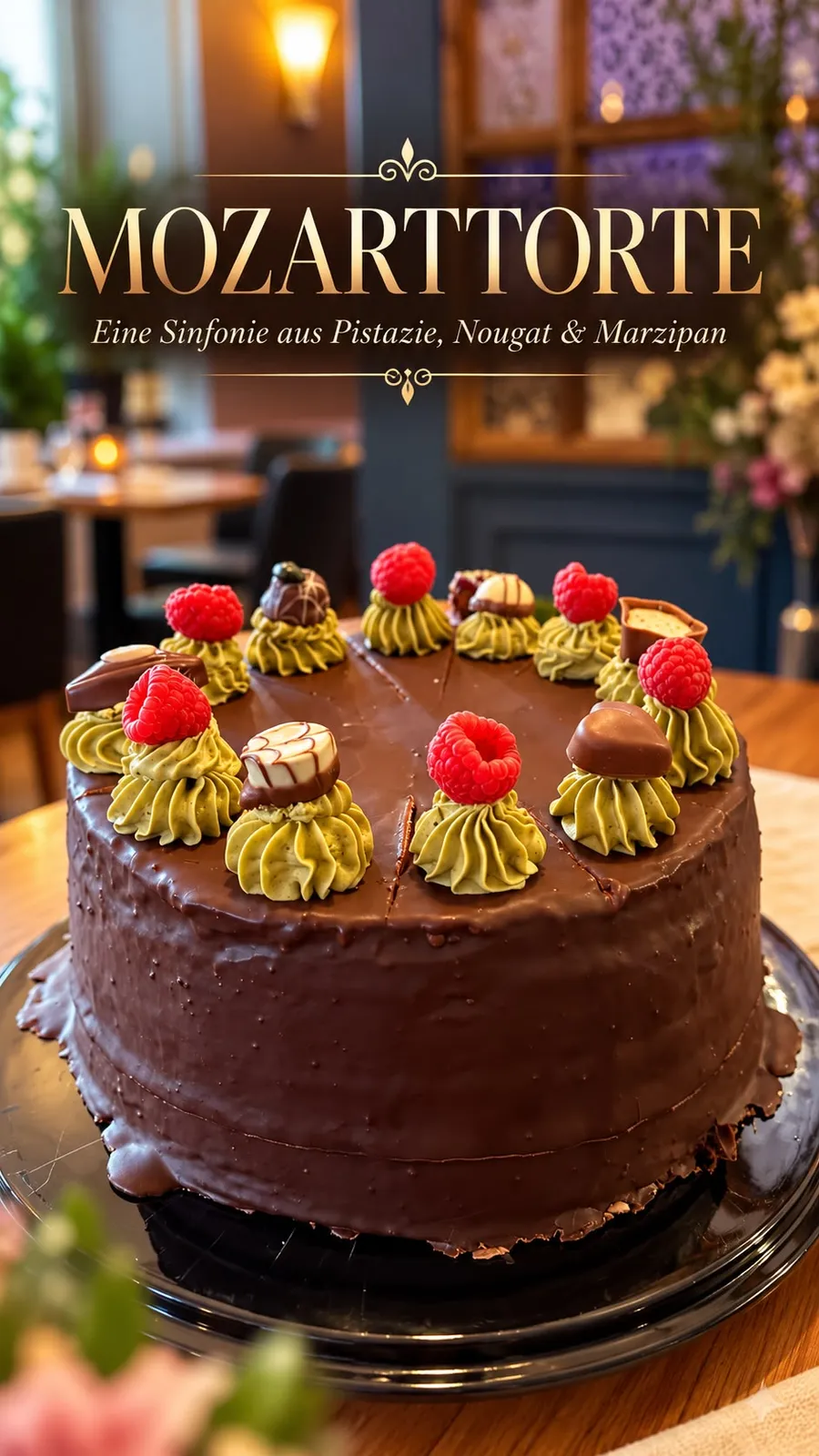 Mozarttorte mit Pistazie, Nougat und Marzipan