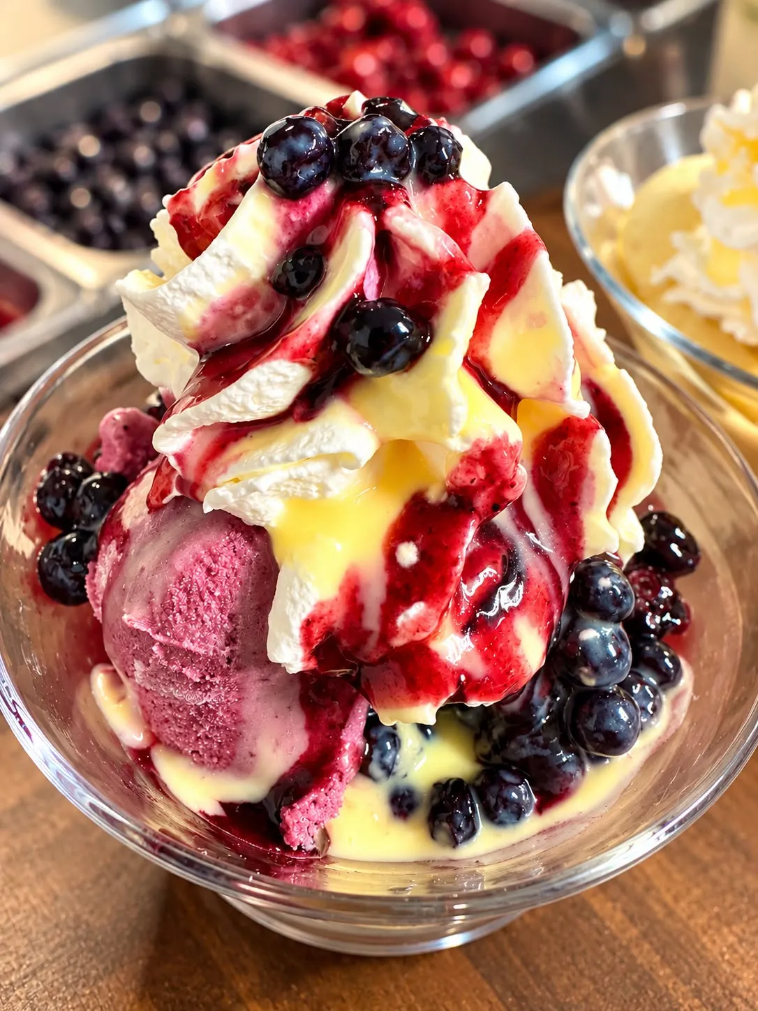 Heidelbeer-Eisbecher mit Vanillesoße