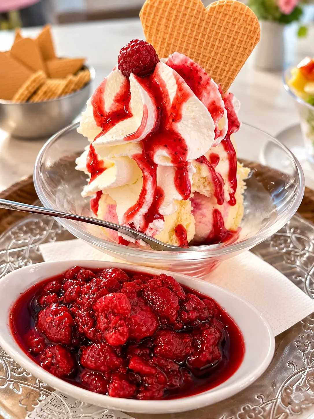 Heiße Himbeeren mit Eis