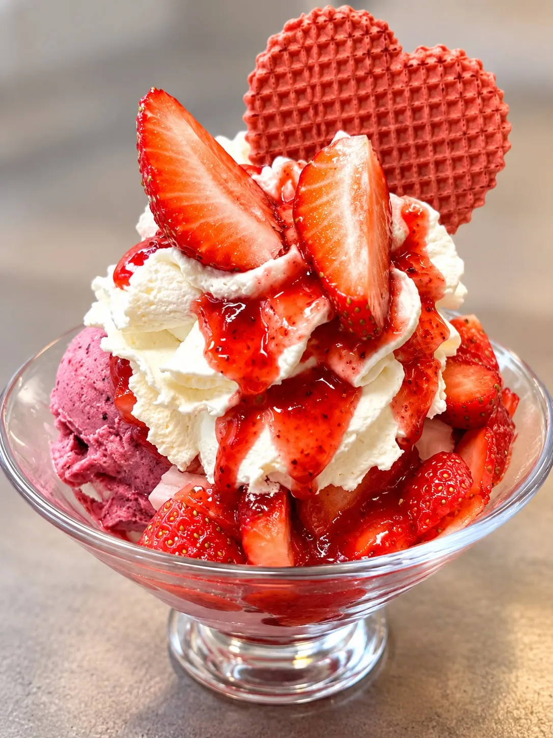 Eisbecher der Milchbar Eibau mit Erdbeeren und Herzwaffel