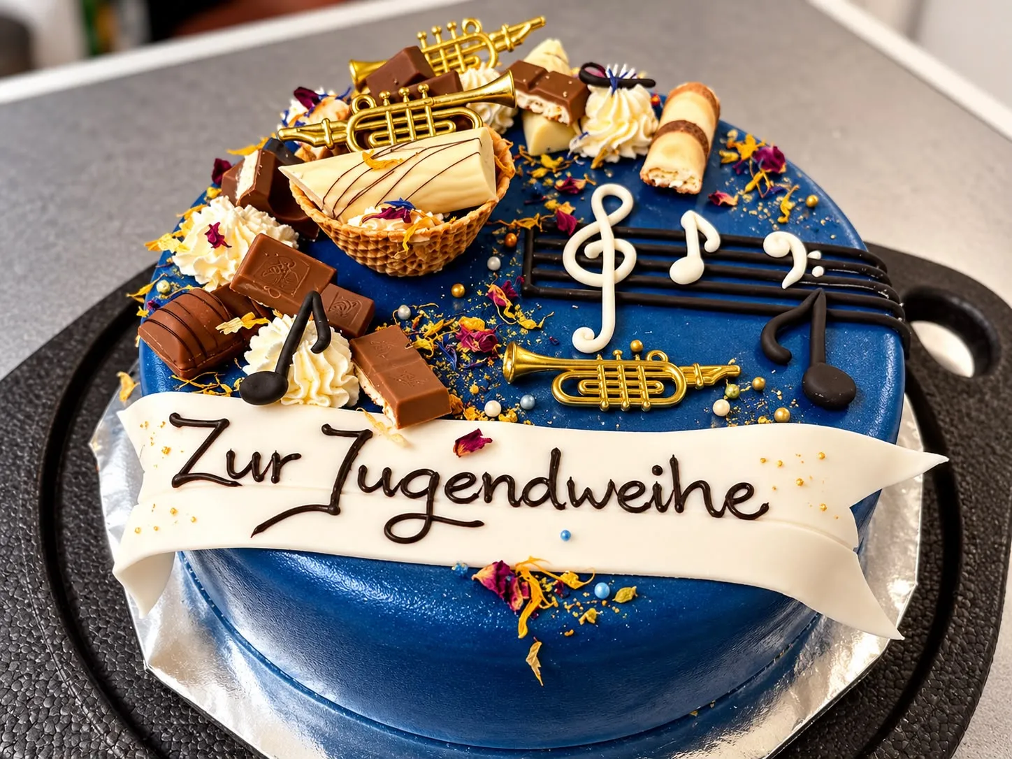 Blaue Motivtorte „Zur Jugendweihe“ mit Notenschlüssel