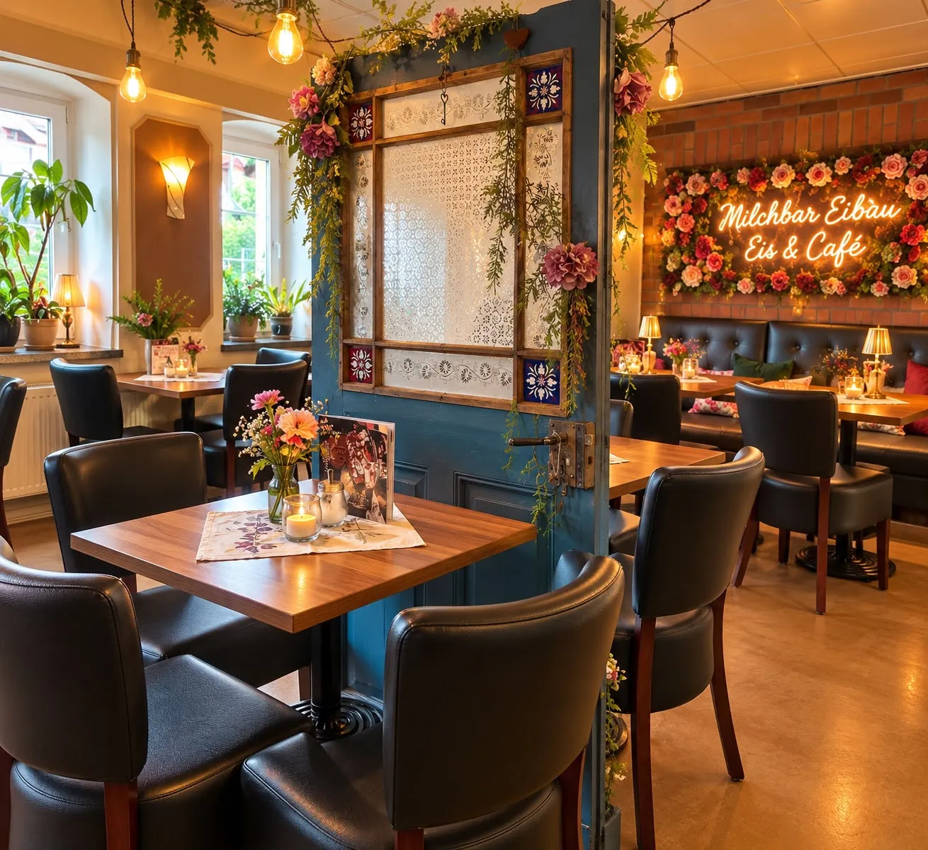 Gaststube mit blauer Tür, Blumen und Tischen