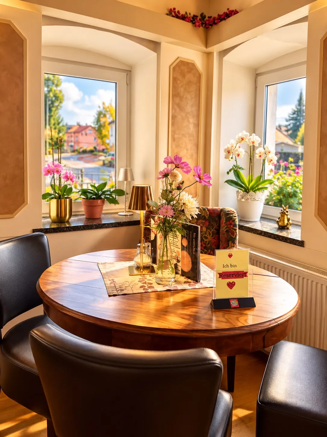 Runder Tisch am Fenster in der Gaststube