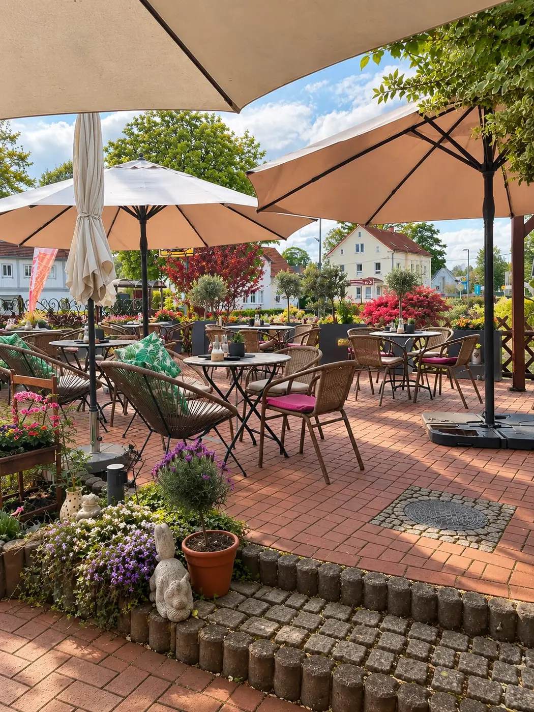 Terrasse mit Sonnenschirmen und Pflasterfläche