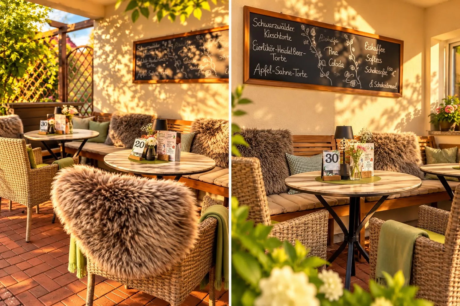 Lounge auf der Terrasse mit Fellen und Kreidetafel