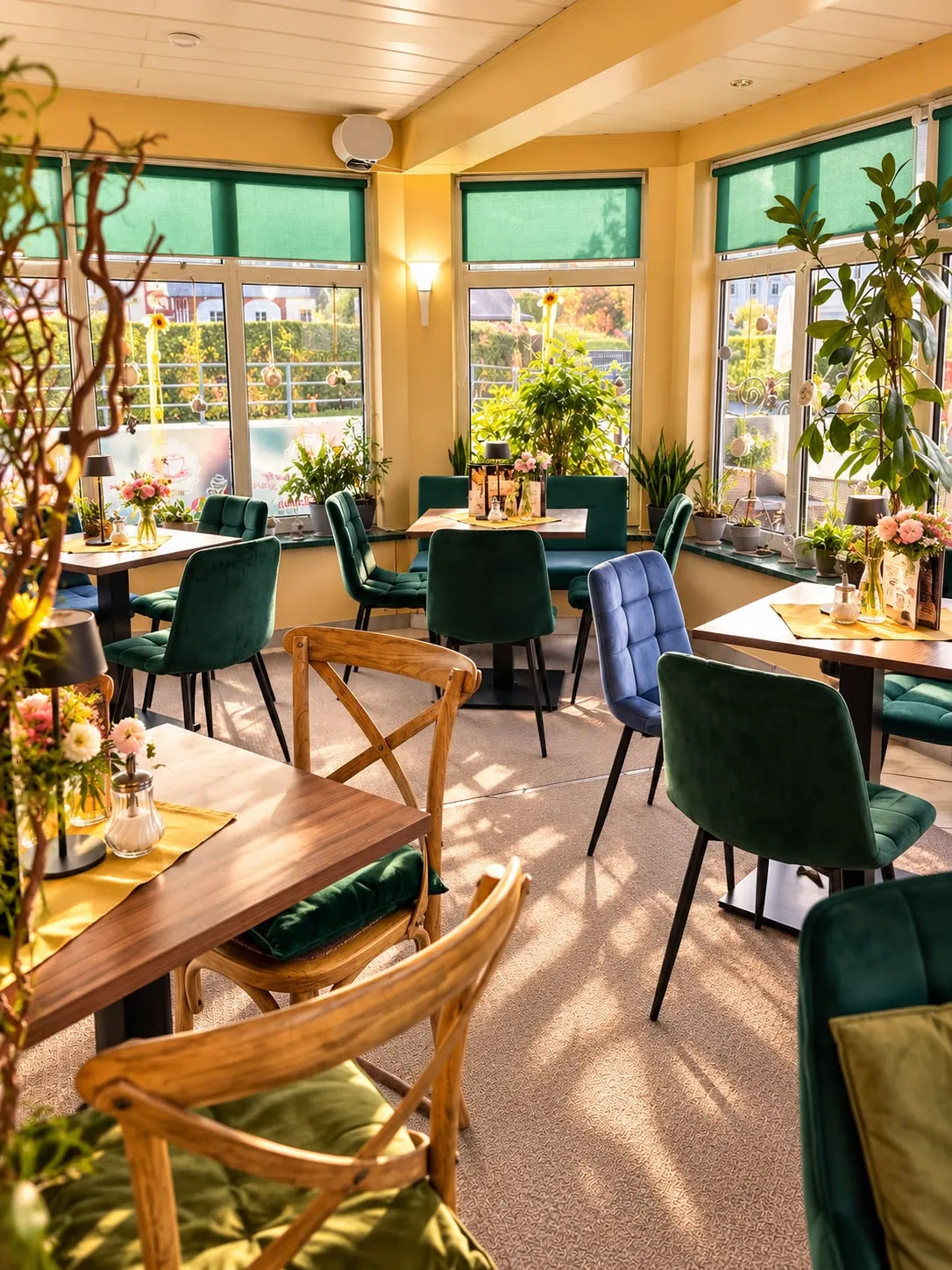 Wintergarten der Milchbar Eibau mit hellen Tischen